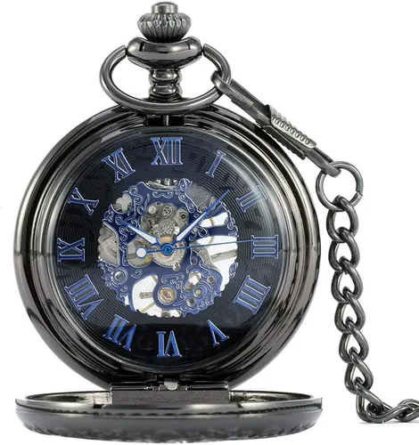 Vista 2 de Avaner Steampunk Retro Half Hunter Copper Gear Skeleton Hand Wind Mecánico Número romano árabe Pantalla analógica Reloj de bolsillo con cadena de 14