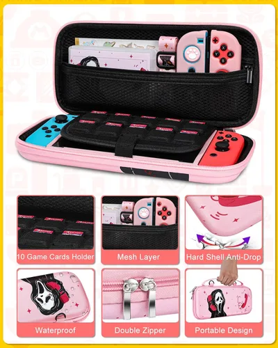 Vista 4 de Xinocy Kit de accesorios de almacenamiento 9 en 1 para Nintendo Switch con funda de transporte de viaje, funda protectora para interruptor+soporte