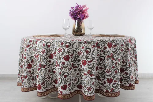 Vista 38 de Mantel redondo con estampado de bloque a mano, 100% algodón, reutilizable, turquesa, verde musgo, 90 pulgadas, mantel decorativo para uso diario