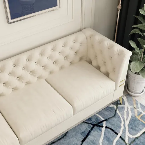 Vista 5 de Sofá de terciopelo beige moderno Mid-Century con patas de metal dorado, sofás Chesterfield de 3 plazas para sala de estar, dormitorio, apartamento