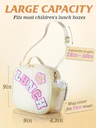 Vista 4 de Bolsa de almuerzo aislada para niños con correa ajustable para niñas, color beige Easy to Clean, Reusable Large Lunch Bag, Holds Lunch Box Snack