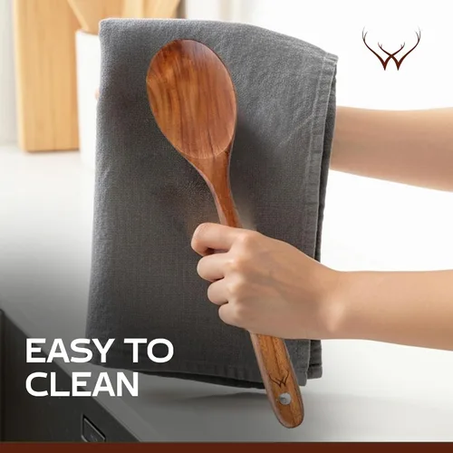 Vista 6 de Cuchara de madera de teca de mango largo de 12 pulgadas para cocinar con soporte de cuchara grande de teca, cucharas de madera de primera calidad