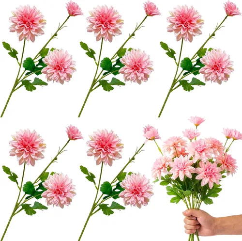 Vista 9 de 6 flores artificiales de dalia con 18 cabezas con tallos