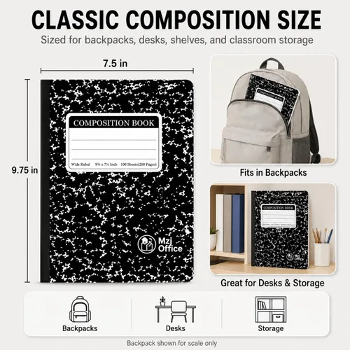 Vista 6 de Cuaderno de composición de mármol, paquete de 5 cuadernos de composición a granel con rayas anchas, 100 hojas (200 páginas) 7-1/2 x 9-3/4 pulgadas