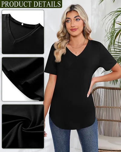 Vista 5 de Ficerd Paquete de 2 camisetas con cuello en V para mujer, manga corta o larga, camisetas básicas de verano casuales con dobladillo sólido