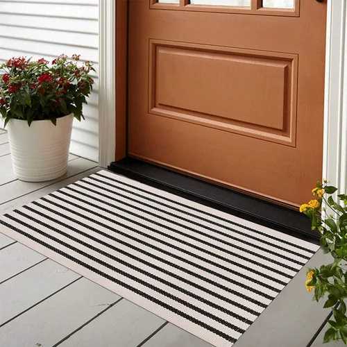 Vista 2 de LEEVAN Alfombra de capas de 2 x 3 para porche delantero, pequeño, a rayas Negro y crema