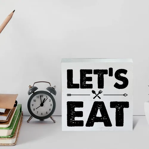 Vista 6 de Letrero de madera con texto en inglés "Let's Eat" de granja con texto en inglés "Let's Eat", moderno bloque de madera, letrero de mesa para comedor