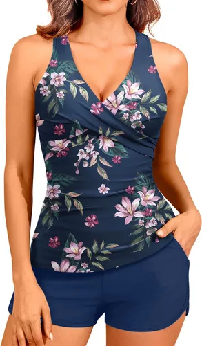 Vista 19 de Trajes de baño tankini para mujer con pantalones cortos de dos piezas con Azul (Blue Tie Dye)