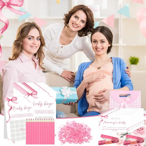 Vista 5 de Honoson 279 piezas de juegos de baby shower rosa con moño para 50 invitados, incluyen 8 juegos: Baby Shower Bingo, Price Is Right, Mommy or Daddy