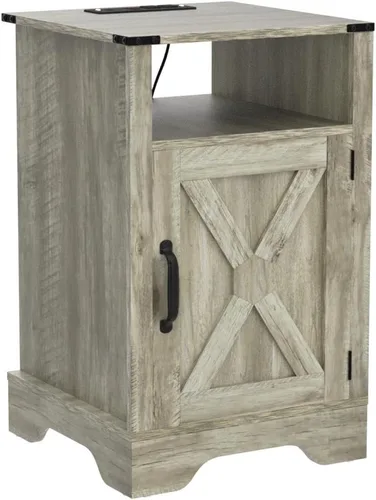 Vista 5 de FansaFurn Mesa auxiliar de granja con estación de carga para dormitorio Gris claro