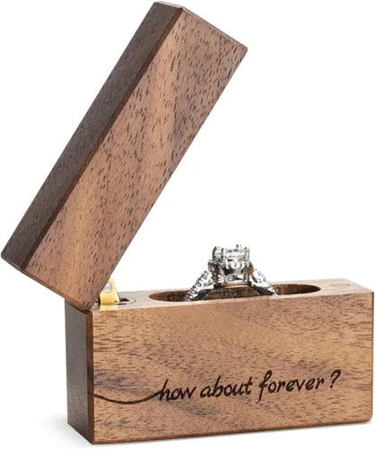 Vista 3 de Caja de anillo de compromiso de madera, pequeña funda plana delgada para propuesta, boda (Qué tal para siempre)