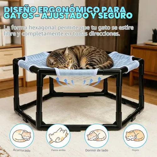Vista 5 de Cama hamaca elevada para gatos, cuna hexagonal elevada para gatos con tela transpirable de gorro de hielo y bloque antideslizante, alfombrilla