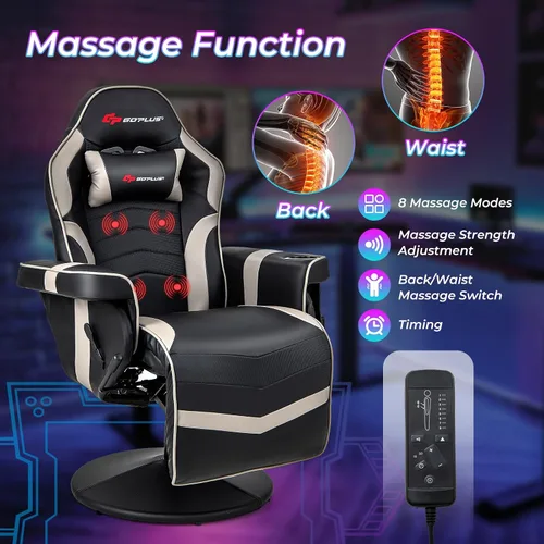 Vista 4 de Goplus - Silla gamer con masaje, altura ajustable, para videojuegos, con reposapiés retráctil, soporte para tazas, reposacabezas, silla giratoria