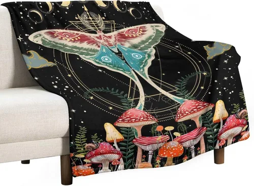Vista 17 de Manta gótica de franela de polilla abstracta, mágica, bohemia, mariposa, esqueleto, luna, estrellas, manta estética para hombres, mujeres, niñas
