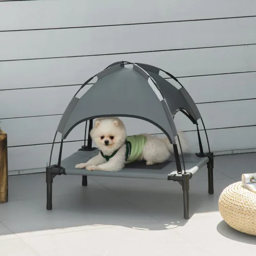 Vista 2 de Cama elevada para perros con toldo de protección UV, cama portátil estilo cuna para perros medianos, marco de metal gris