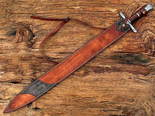 Vista 7 de Espada vikinga hecha a mano, espada medieval de acero de Damasco con funda de cuero, hoja de doble borde de 29 pulgadas