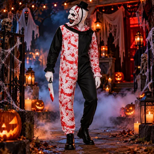 Vista 6 de 5Pcs Art Clown Costume Adults Terrifying Mask Halloween Outfit Red