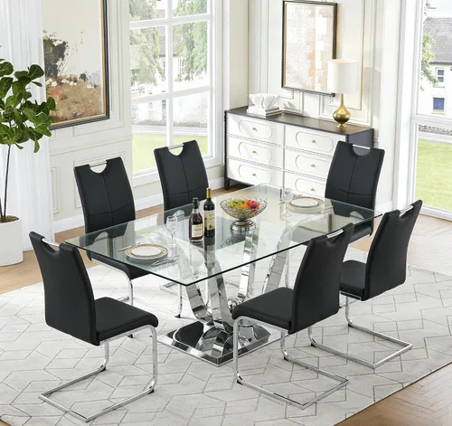Vista 24 de Juego de mesa de comedor de vidrio de 70 pulgadas para 4, mesa rectangular de cristal dorado con 4 sillas de piel sintética, juego de mesa de Mesa
