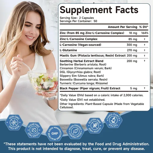 Vista 7 de Zinc L Carnosine Complex 85 mg, suplemento de apoyo para la salud digestiva e intestinal 11 en 1, con mezcla calmante de extracto de hierbas