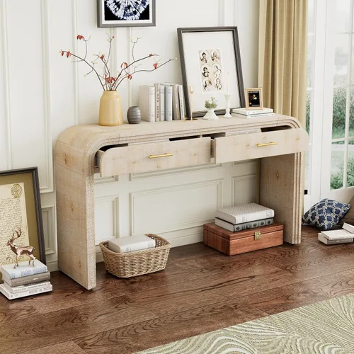 Vista 17 de LUMISOL Mesa consola geométrica tallada con 3 cajones, mesa de sofá de granja detrás del sofá con almacenamiento y detalles de patas acanaladas