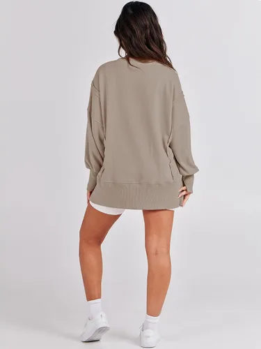 Vista 8 de ANRABESS Sudadera de gran tamaño para mujer, cuello redondo, manga larga, casual, con abertura, sin botones, ropa de otoño