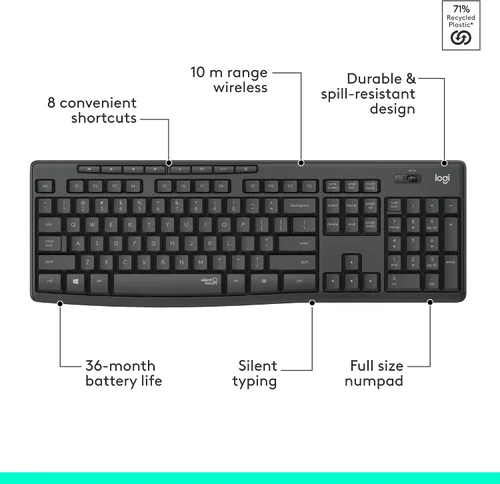Vista 9 de Logitech MK295 Combo de ratón y teclado inalámbrico con tecnología SilentTouch, teclado numérico completo, seguimiento óptico avanzado, inalámbrico