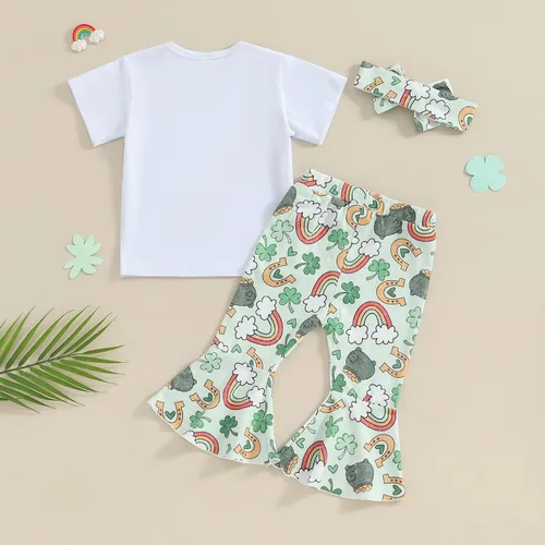 Vista 5 de Ayalinggo Conjunto de camiseta con estampado de trébol y pantalón acampanado con diadema para el Día de San Patricio In My Luck Girl Era