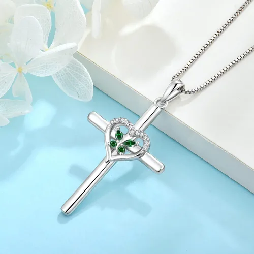 Vista 4 de Inpasne Collar de cruz de mariposa para mujer, plata de ley 925, con colgante de crucifijo, collar de piedra natal, joyería de regalo para mujeres