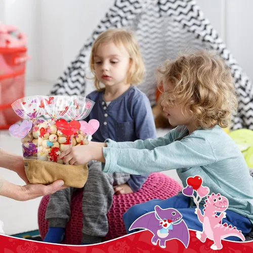 Vista 5 de Tellingyou 180 bolsas de celofán para el día de San Valentín, a granel, de plástico, con diseño de dinosaurio, dulces, con etiqueta de corazón