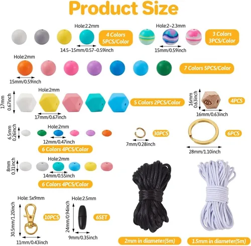 Vista 6 de FASHEWELRY Kit de cuentas de silicona para hacer llaveros, cuentas de silicona redondas hexagonales de 0.59 pulgadas a granel con hilo elástico