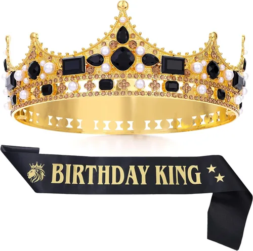 Vista 7 de FORSEVEN Corona de rey para hombre, tiaras de boda de perlas de cristal, para fiesta de cumpleaños, coronas redondas de Navidad Negro