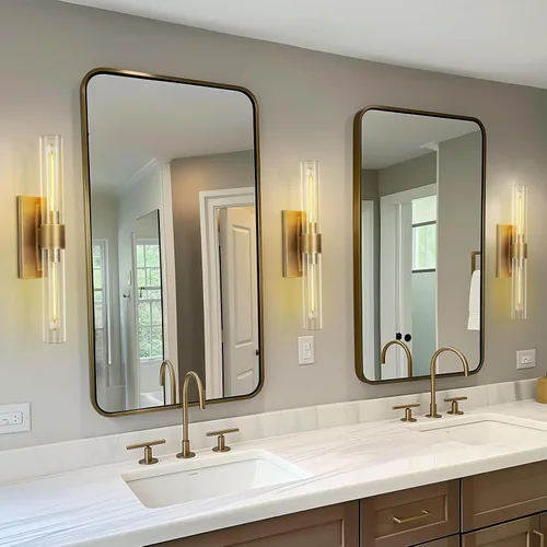Vista 4 de Apliques de pared modernos de latón y vidrio, luces de tocador de 24 pulgadas para baño, 2 luces, aplique de pared lineal horizontal o vertical