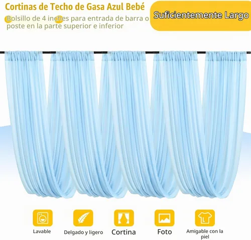 Vista 3 de 6 paneles de cortinas de techo azul bebé para boda, cortinas de techo de 5 pies x 10 pies, tela de drapeado para arco de boda, cortinas