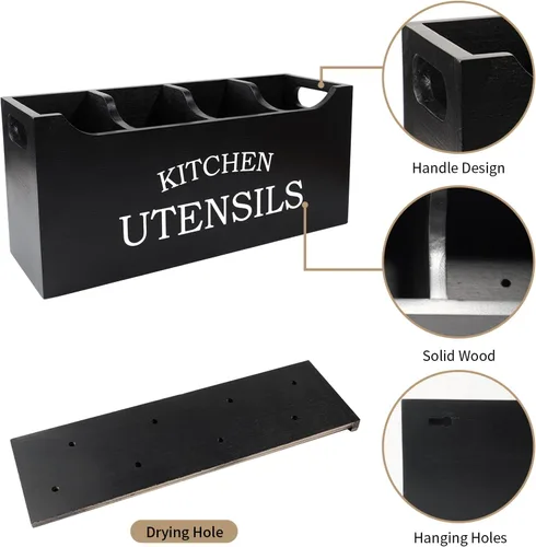 Vista 6 de Soporte para utensilios de cocina de madera, extra grande, 4 compartimentos, con parte inferior de drenaje para encimera, organizador