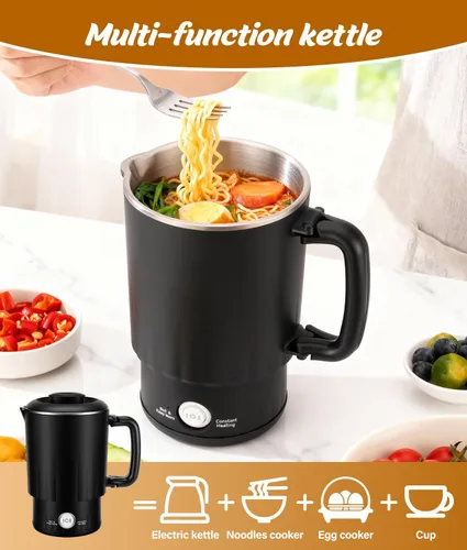 Vista 7 de Hervidor eléctrico portátil de viaje, hervidor de agua pequeño de 20.3 fl oz con taza de cerámica, caldera de agua de acero inoxidable 304 con doble
