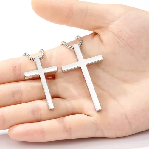 Vista 4 de Collar de cruz para hombre, cadena colgante de acero inoxidable, joyería de cadena, relleno de calcetín de Navidad, bautismo cristiano, regalos