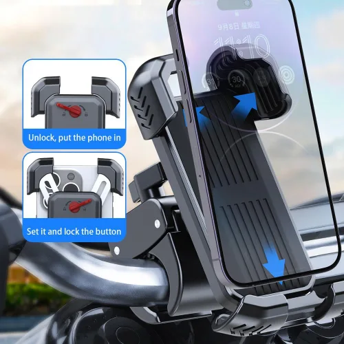 Vista 6 de Soporte de teléfono para motocicleta, manillar de teléfono para iPhone, Samsung, Android, 4-7 pulgadas, abrazadera para teléfono celular, kit