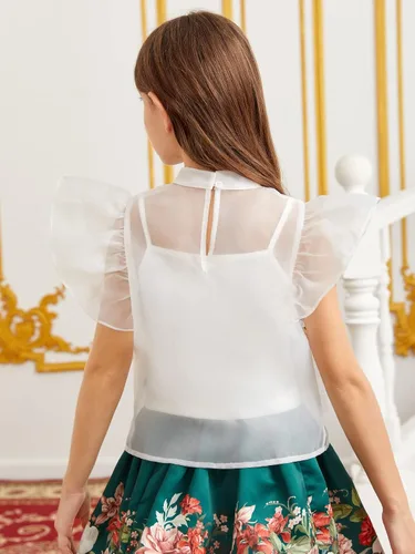 Vista 2 de WDIRARA Blusa sin mangas de malla transparente con cuello alto falso y volantes para niña
