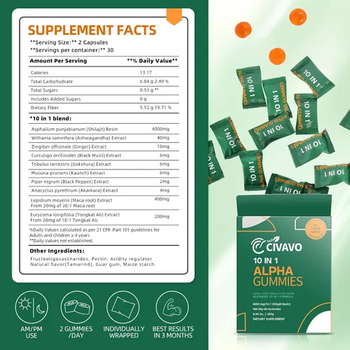 Vista 7 de Gomitas Alpha Shilajit 10 en 1 para hombres y mujeres, 4000 mg, sin azúcar añadida, Ashwagandha, Gokshura, 75% + ácido fúlvico y más de 85