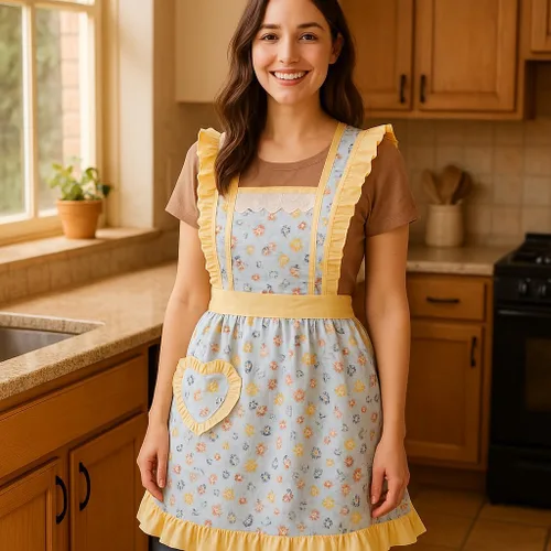 Vista 7 de CRB Fashion Delantal para mujeres para cocinar y hornear Delantales de chef de cocina para damas, mujer, con bolsillo Flor de melocotón azul Lgt