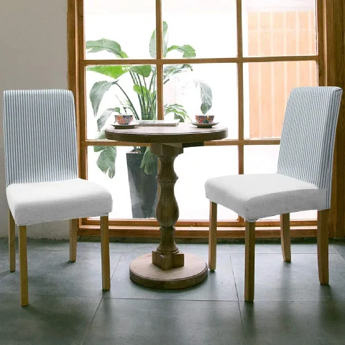 Vista 3 de Juego de 4 fundas elásticas para sillas de comedor, color azul claro y blanco, extraíbles para sillas de cocina, suaves y lavables, protector