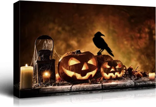 Vista 13 de BANHUA1 Decoración de pared de calabaza de Halloween, lienzo, arte de pared, pósteres para decoración del hogar, arte de pared, impresiones