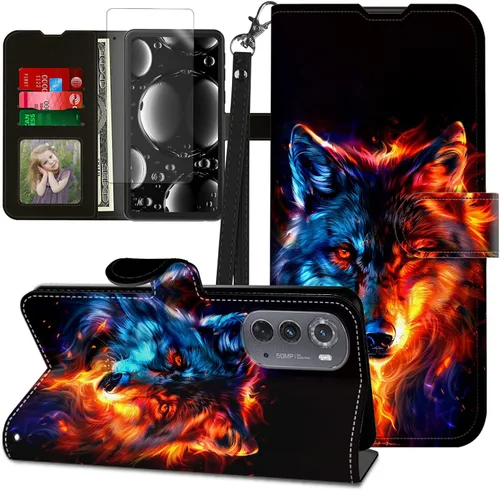 Vista 369 de Funda para Motorola Edge 2022 con protector de pantalla, soporte y tarjetero y correa para la muñeca, funda magnética para Moto Edge 2022 5G UW Lobo