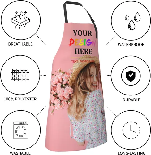 Vista 6 de Delantales personalizados con dos bolsillos para mujeres y hombres, delantales personalizados impresos con texto fotográfico para cocinero de cocina