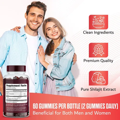 Vista 6 de Paquete de 2 gomitas Shilajit del Himalaya, 1000 mg cada una, 60 gomitas veganas sin azúcar por botella, orgánicas, sin OMG, energía, enfoque