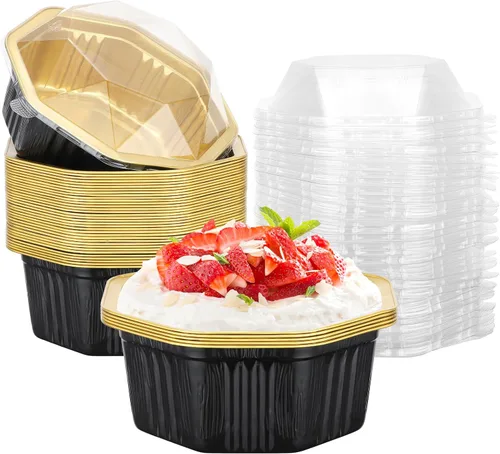 Vista 24 de Beasea Tazas desechables para hornear con tapas, juego de 50 unidades, 13.5 oz 400 ml, ramekins de aluminio con tapa de papel de aluminio, moldes