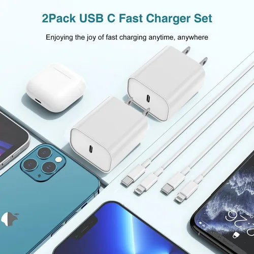 Vista 7 de Cargador para iPhone de carga rápida, paquete de 2 bloques de adaptador de cargador de pared USB C de 3 metros con cable USB C a Lightning de carga