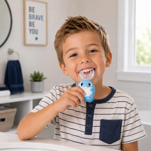Vista 8 de Cepillo de dientes eléctrico en forma de U para niños, cepillo de dientes automático sónico de dinosaurio con 6 cabezales de cepillo, boca completa