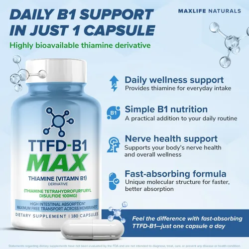 Vista 2 de MAXLIFE NATURALS TTFD - Suplemento de tiamina B1 – 60 cápsulas, suplemento de tiamina de vitamina B1 de alta potencia para enfoque, apoya la función