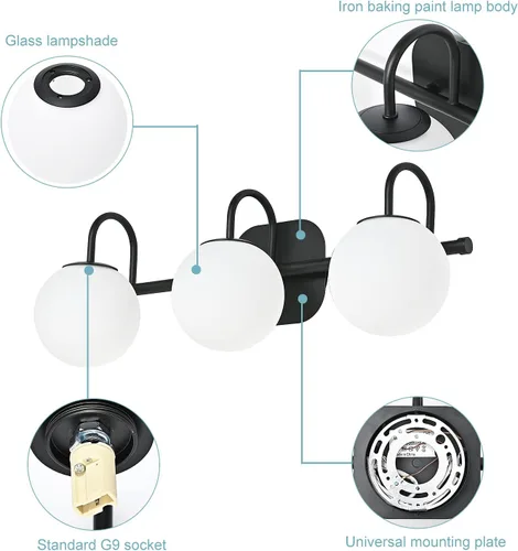 Vista 5 de Moderna lámpara negra para tocador de baño, accesorios de iluminación de 3 luces, marco y pantalla de globo de vidrio blanco leche, aplique de pared